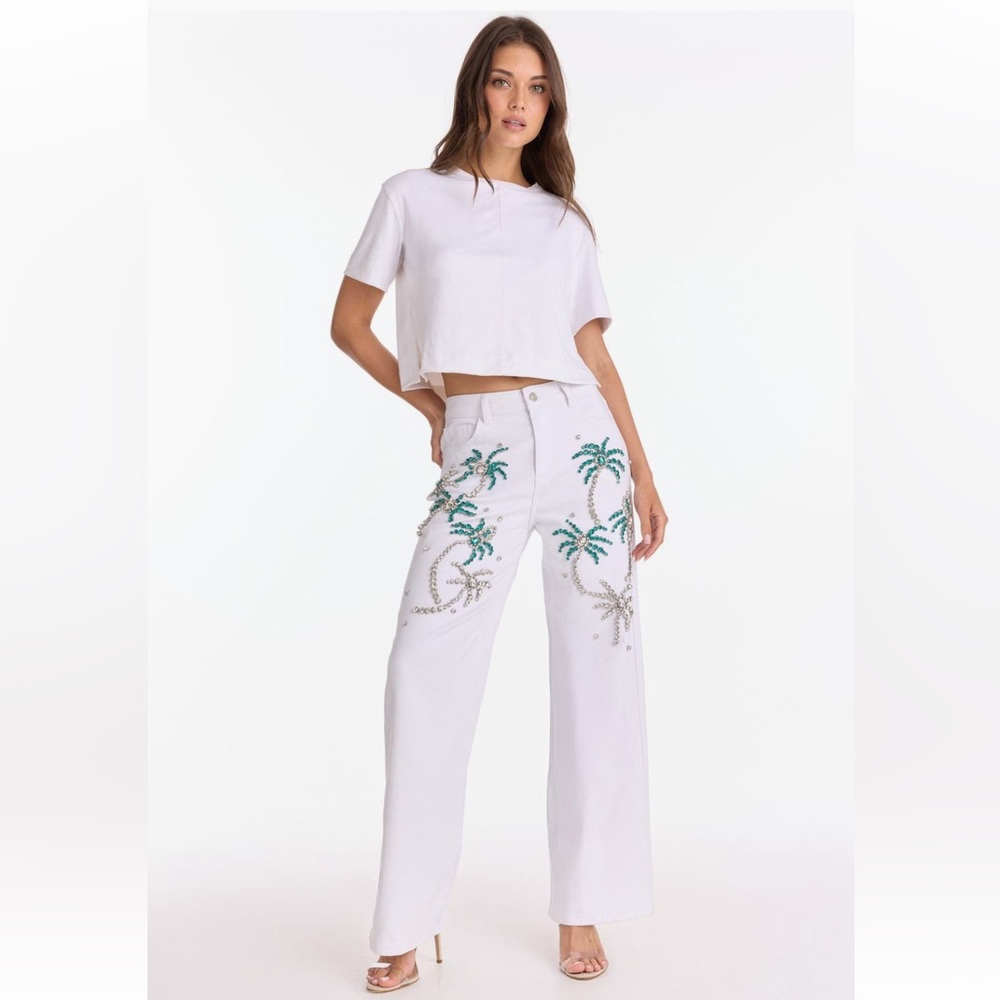 The Noli Shop Crystal Palm Jewel High Rise Wide Leg White Jeans US Size 25